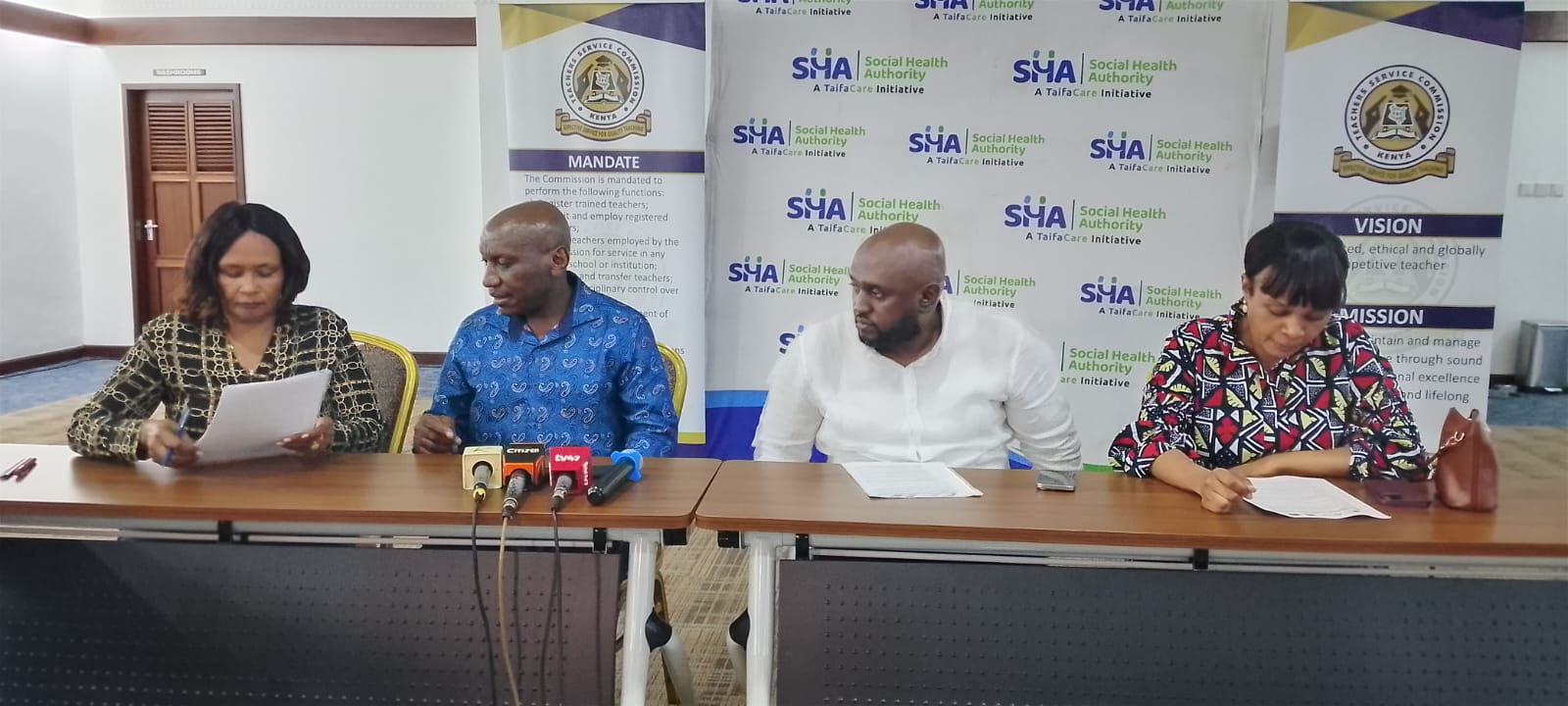 Teachers SHA medical scheme Kenya meeting in Mombasa — TSC and SHA officials at press conference April 2026