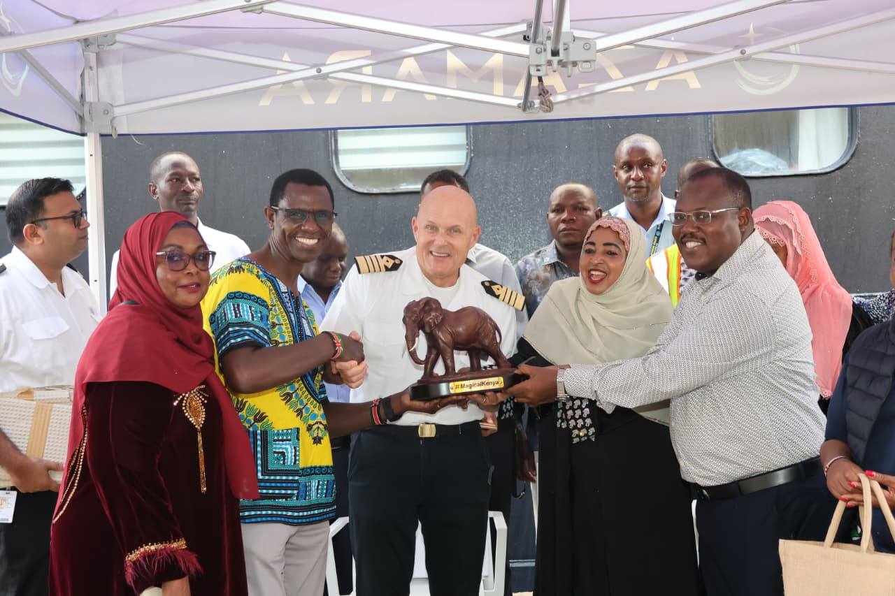 Cruise tourism Mombasa — MPs present a Magical Kenya gift to Azamara Onward captain at Port of Mombasa