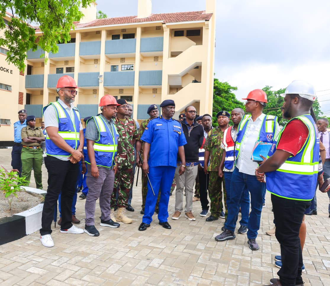 Inspector General Douglas Kanja leads police housing Mombasa inspection at Bombolulu estate with NPS delegation