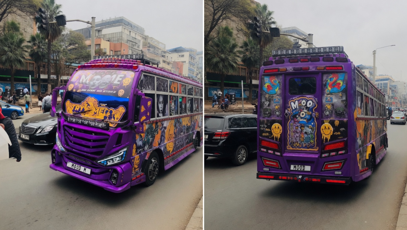 Matatu graffiti ban Kenya — purple Nganya called Mood M photographed front and rear on Nairobi streets