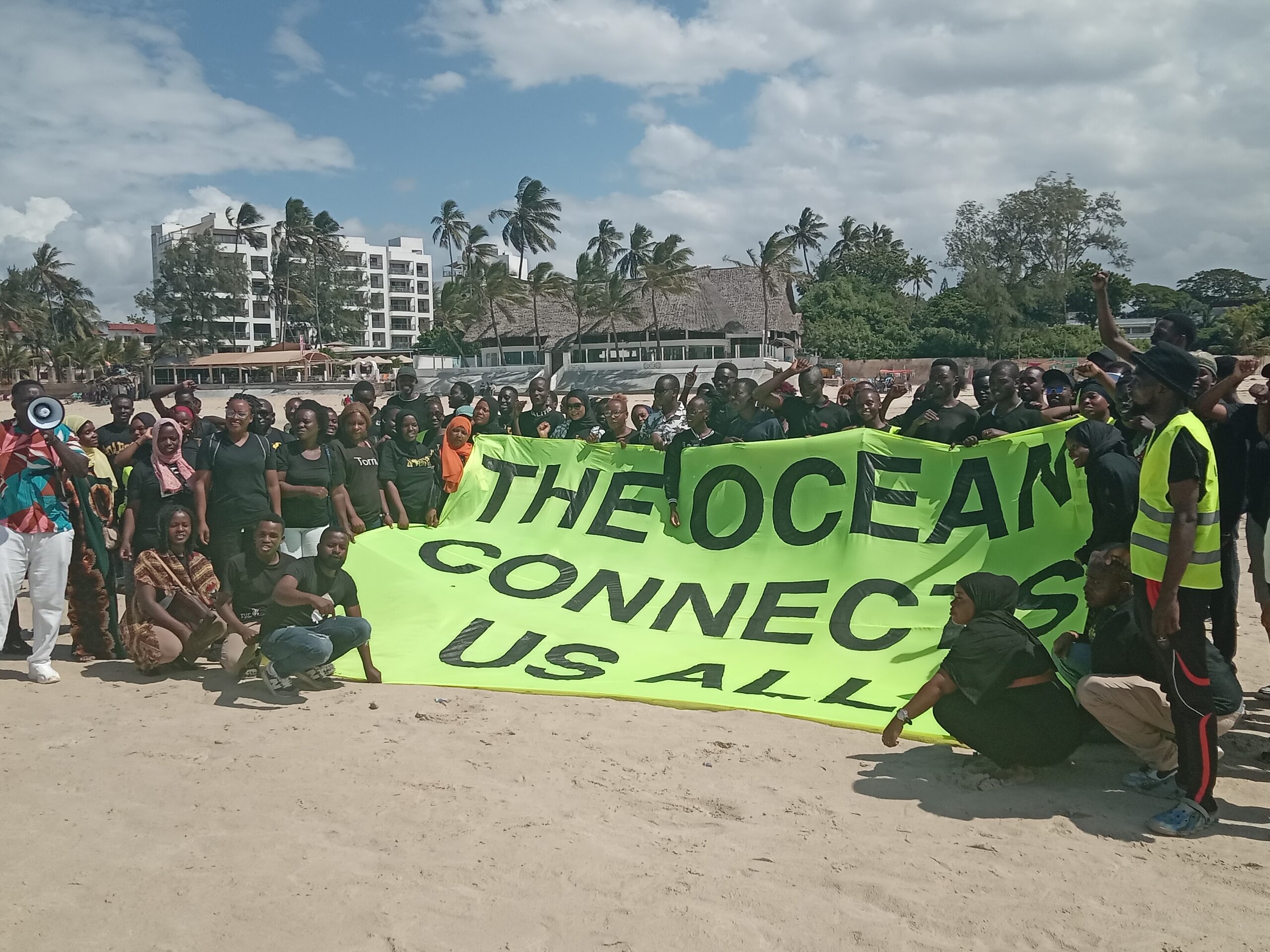 Illegal Fishing Africa campaign as Greenpeace Africa volunteers and local community members gather at Jomo Kenyatta Public Beach in Mombasa during the Our Ocean Conference on June 15, 2026.