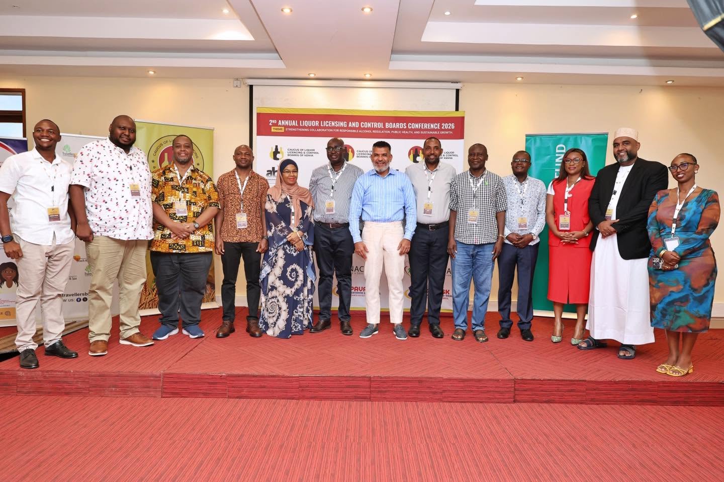 Alcohol licensing Kenya counties conference 2026 — Mombasa Governor Abdulswamad Nassir flanked by CLLCBK Chairman Julius Awino and Mombasa CECM Mohamed Osman Ali at the 2nd Annual Liquor Licensing and Control Boards Conference