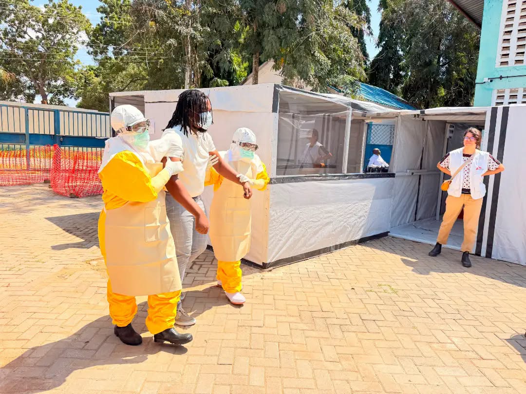 Healthcare workers take part in an Ebola preparedness simulation at the MSF training centre in Changamwe, Mombasa County.